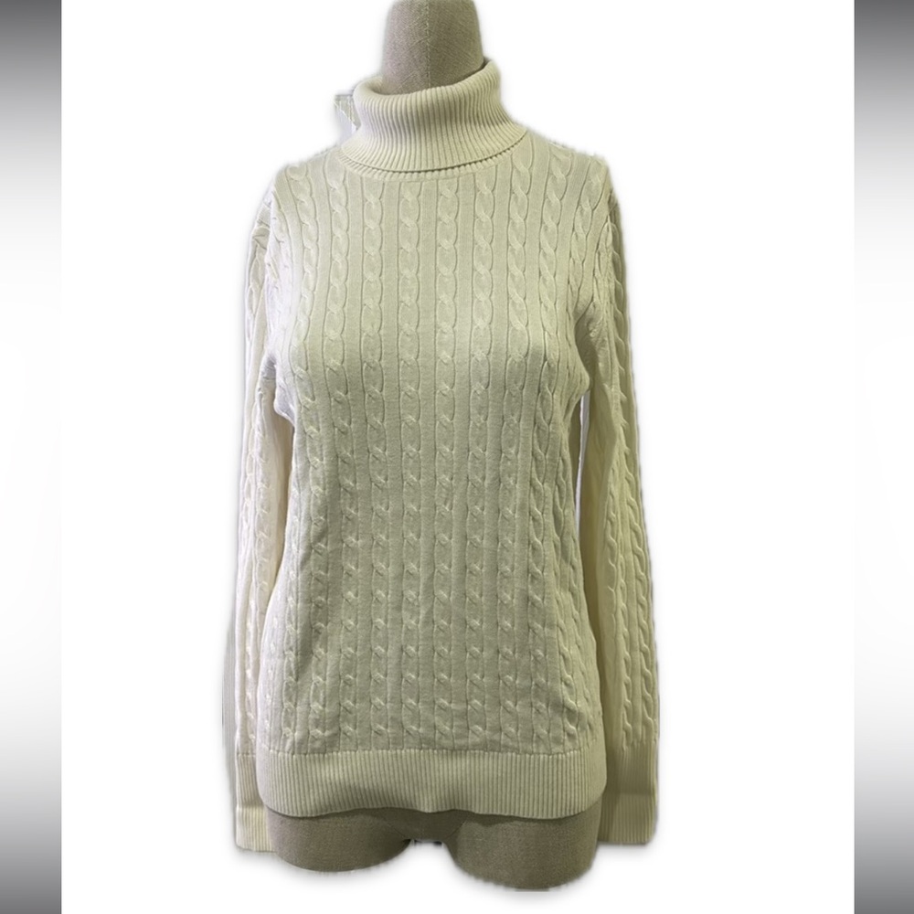 Lands End Sweater Women Size Small Cable Knit Ivory Cream Turtle Neck Fisherman